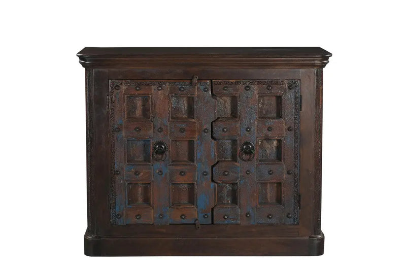 49" Dark Brown Distressed Solid Wood Carved Geometric Sideboard With Two Doors Homeroots Kitchen & Dining