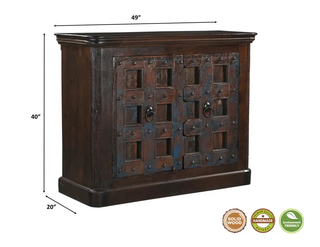 49" Dark Brown Distressed Solid Wood Carved Geometric Sideboard With Two Doors Homeroots Kitchen & Dining