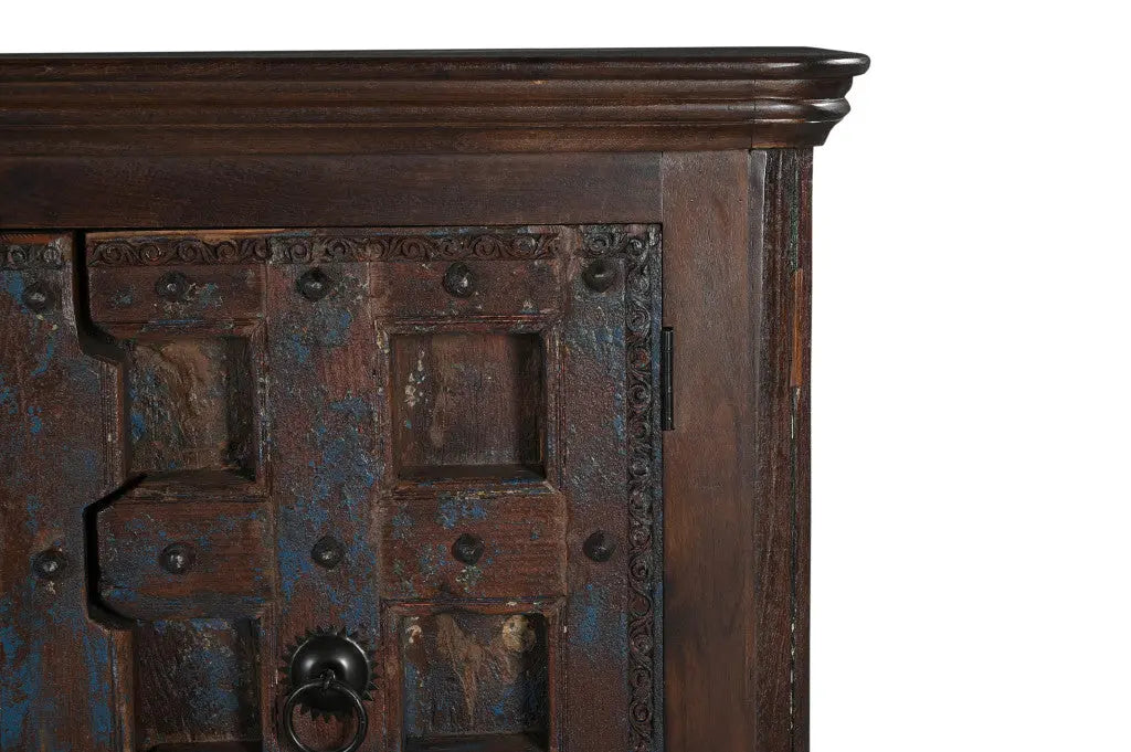 49" Dark Brown Distressed Solid Wood Carved Geometric Sideboard With Two Doors Homeroots Kitchen & Dining