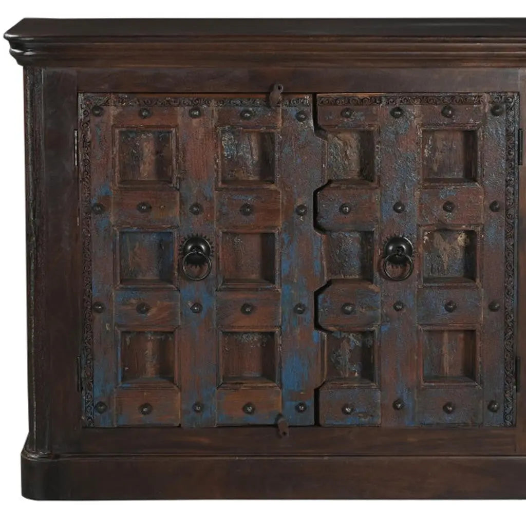 49" Dark Brown Distressed Solid Wood Carved Geometric Sideboard With Two Doors Homeroots Kitchen & Dining