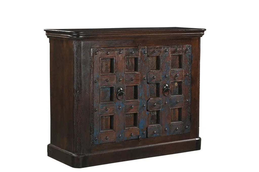49" Dark Brown Distressed Solid Wood Carved Geometric Sideboard With Two Doors Homeroots Kitchen & Dining
