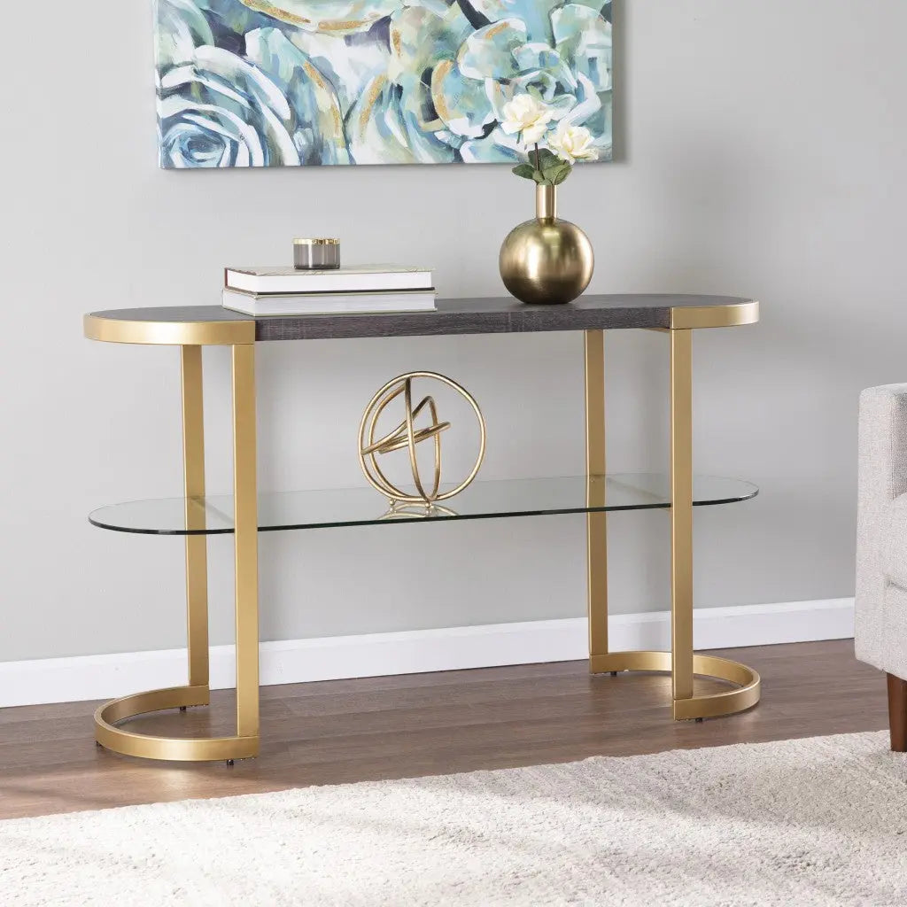 49" Gray and Gold Solid Wood Oval Sled Console Table With Storage Homeroots Living Room