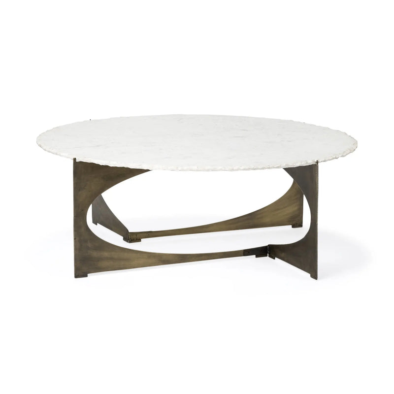 49" Round White Marble Top Gold And Metal Base Coffee Table Homeroots Living Room
