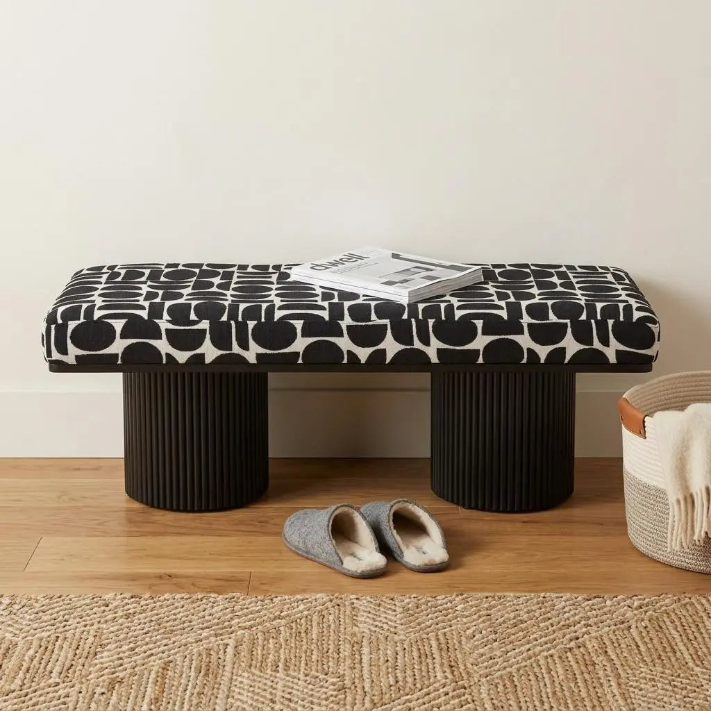 49" White and Black Fabric and Solid Wood Upholstered Bench Homeroots Living Room