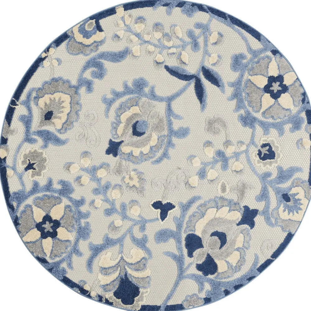 4' Blue And Gray Round Floral Indoor Outdoor Area Rug Homeroots Outdoor