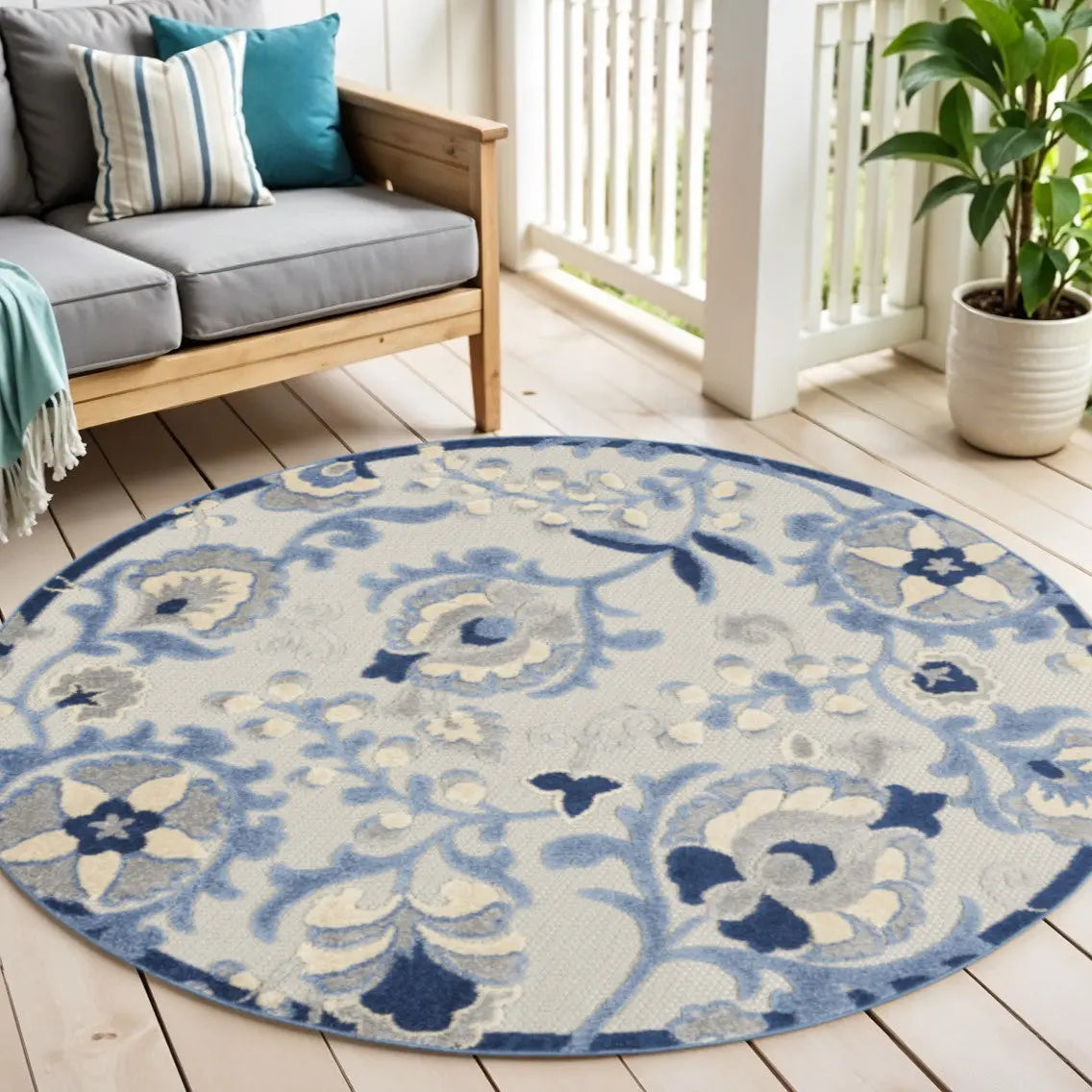 4' Blue And Gray Round Floral Indoor Outdoor Area Rug Homeroots Outdoor