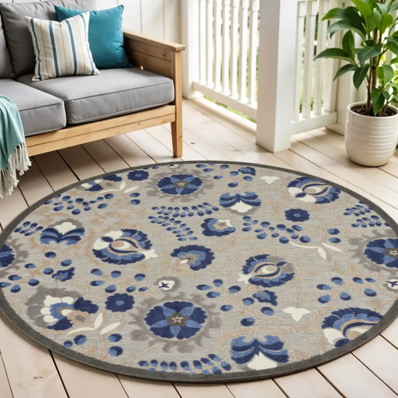 4' Blue And Gray Round Indoor Outdoor Area Rug - GreatEagleInc