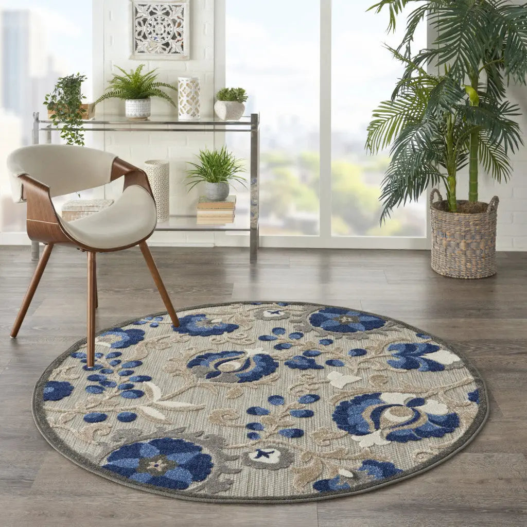 4' Blue And Gray Round Indoor Outdoor Area Rug - GreatEagleInc