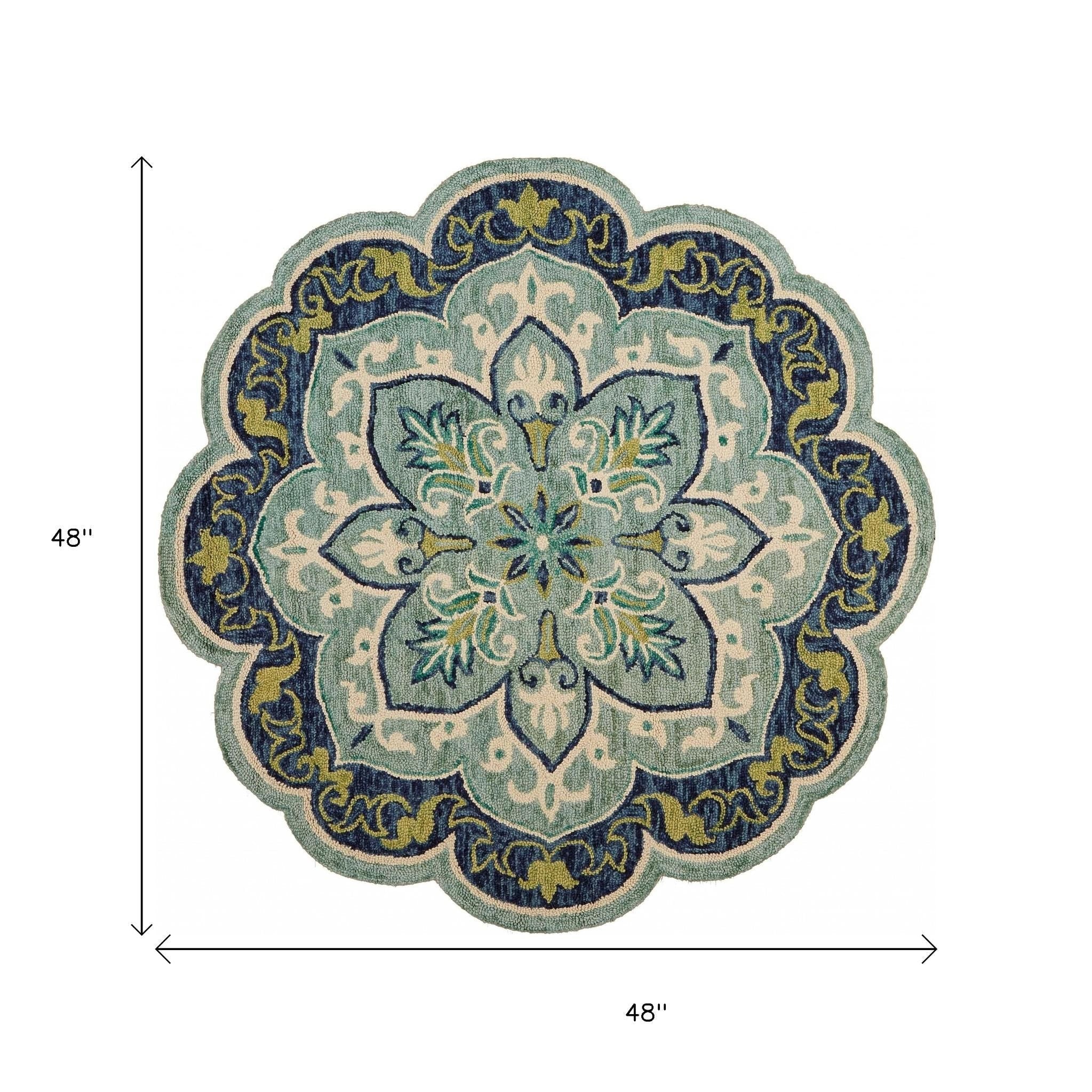 4' Blue And Green Wool Geometric Hand Tufted Round Rug Homeroots Home Decor