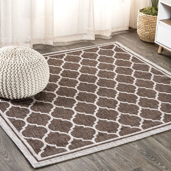 4' Espresso And Taupe Square Geometric Indoor Outdoor Area Rug Homeroots Outdoor