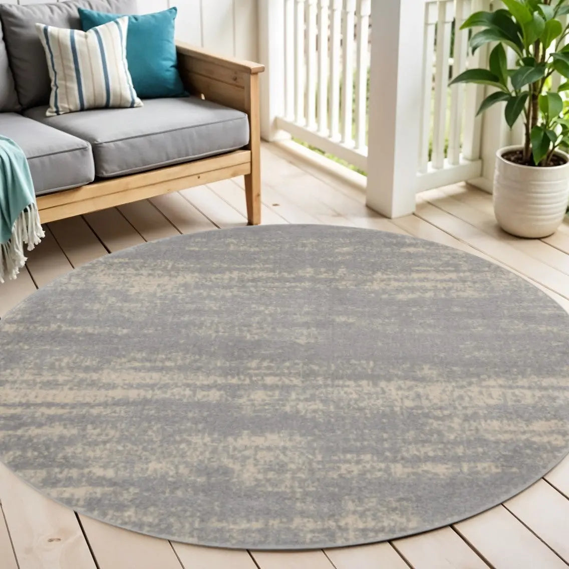 4' Gray And Beige Round Abstract Indoor Outdoor Area Rug Homeroots Outdoor