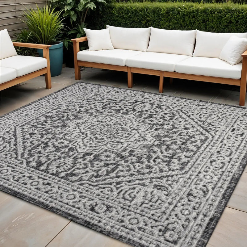 4' Gray And Black Square Medallion Indoor Outdoor Area Rug Homeroots Outdoor