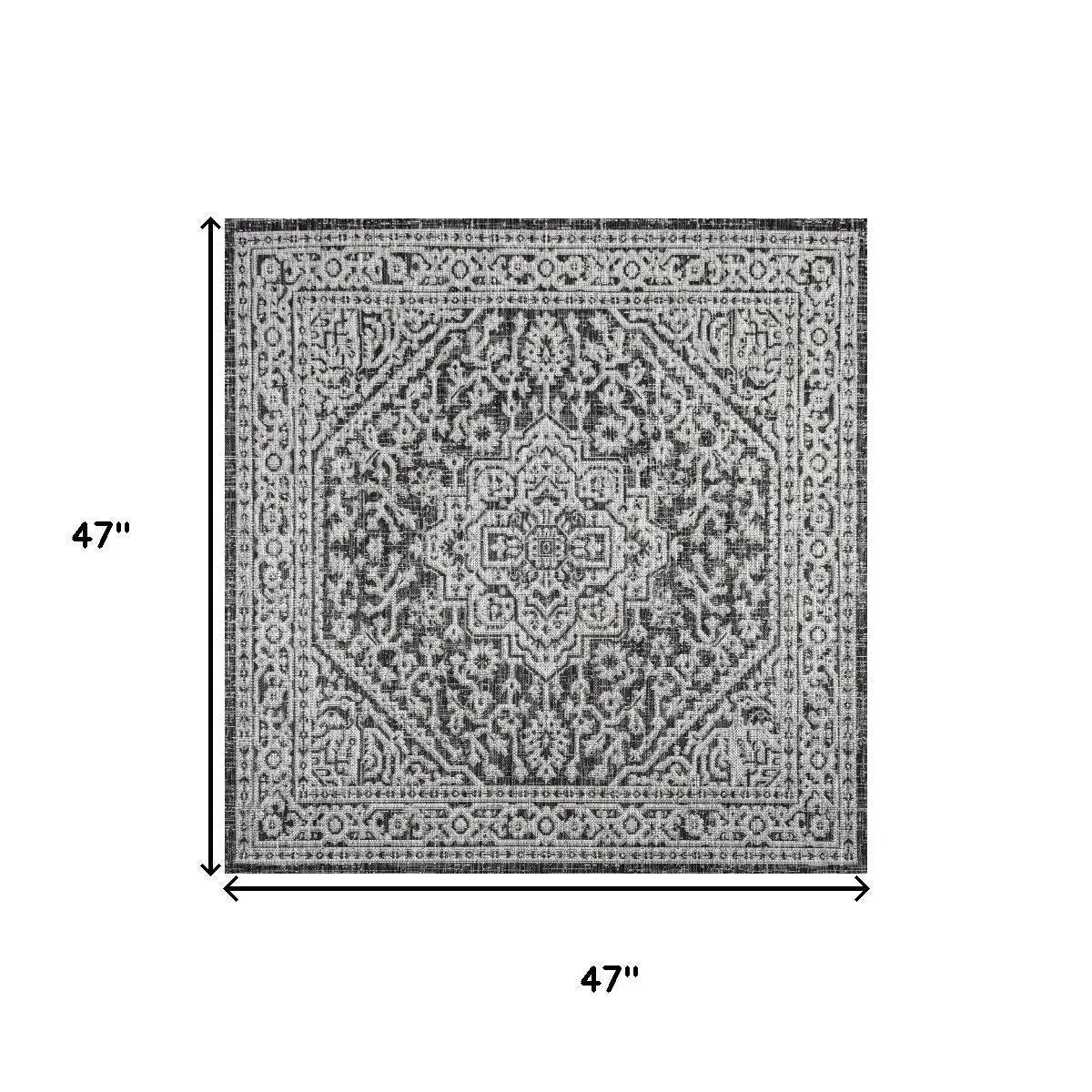 4' Gray And Black Square Medallion Indoor Outdoor Area Rug Homeroots Outdoor