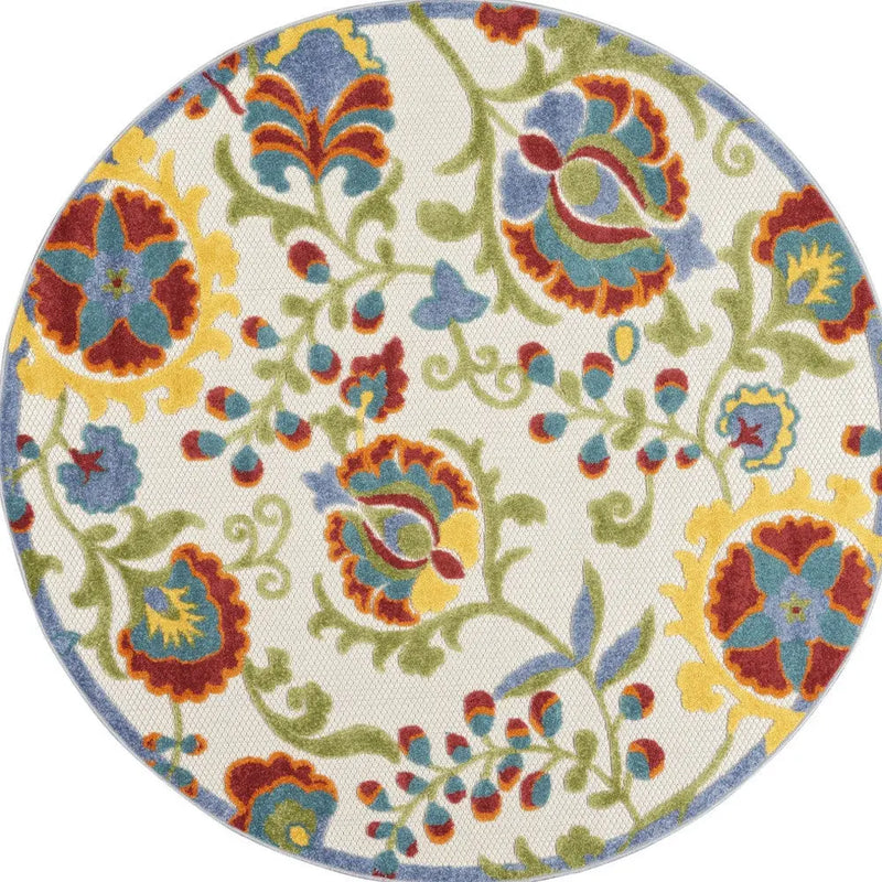 4' Green Orange Red And Blue Round Floral Indoor Outdoor Area Rug Homeroots Outdoor