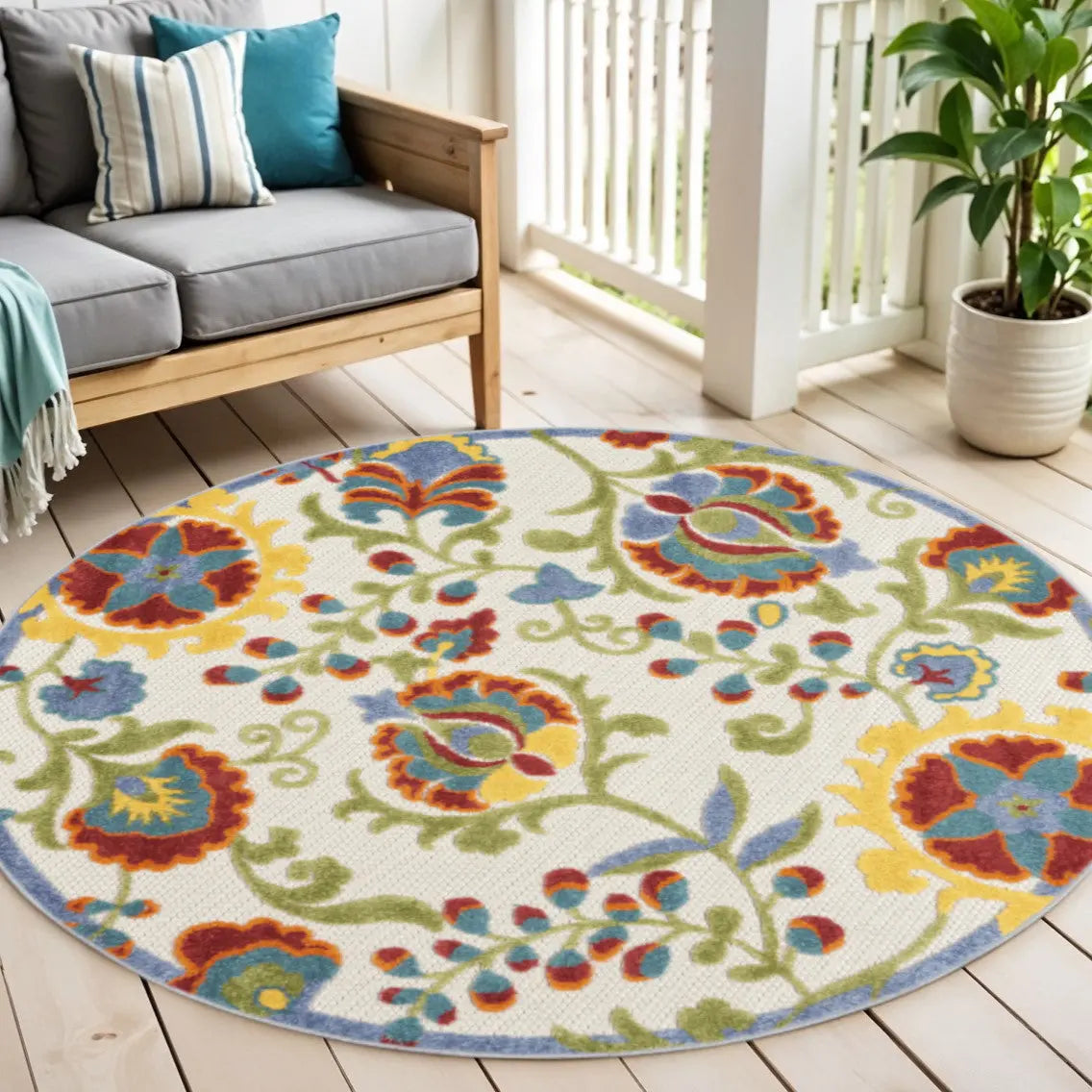4' Green Orange Red And Blue Round Floral Indoor Outdoor Area Rug Homeroots Outdoor