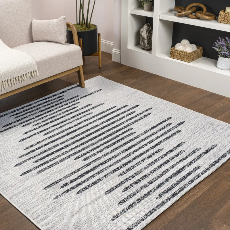 4' Ivory And Black Square Striped Indoor Outdoor Area Rug - GreatEagleInc