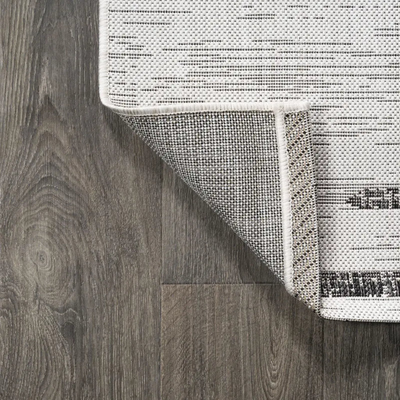 4' Ivory And Black Square Striped Indoor Outdoor Area Rug - GreatEagleInc
