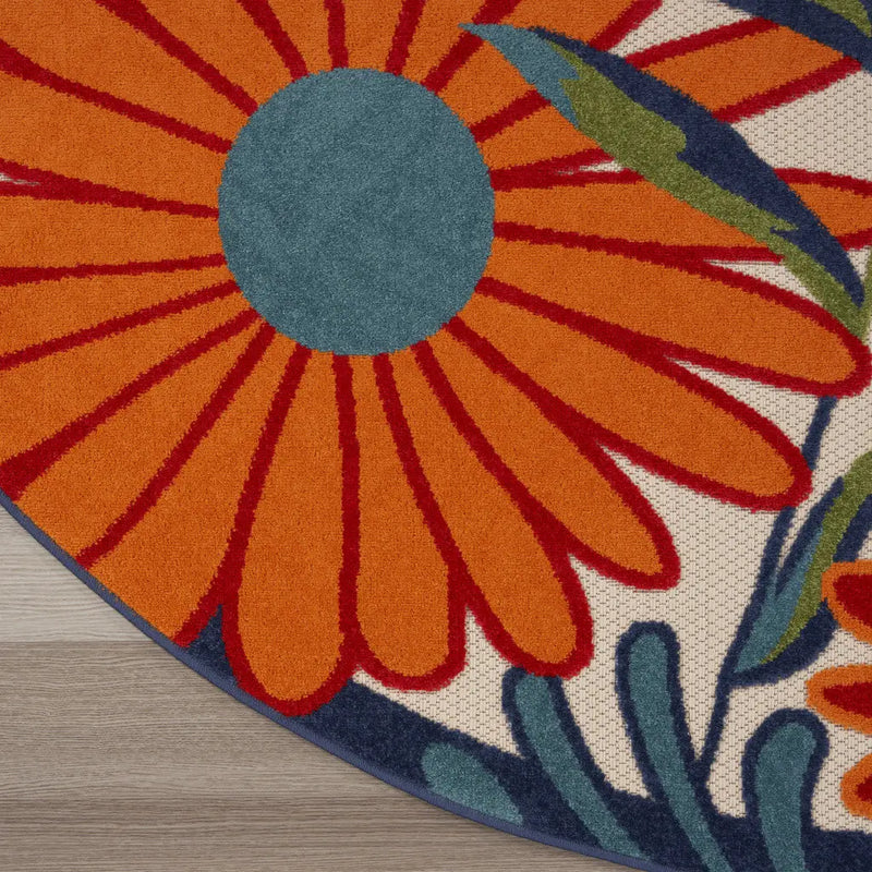 4' Ivory Blue And Orange Round Floral Indoor Outdoor Area Rug Homeroots Outdoor