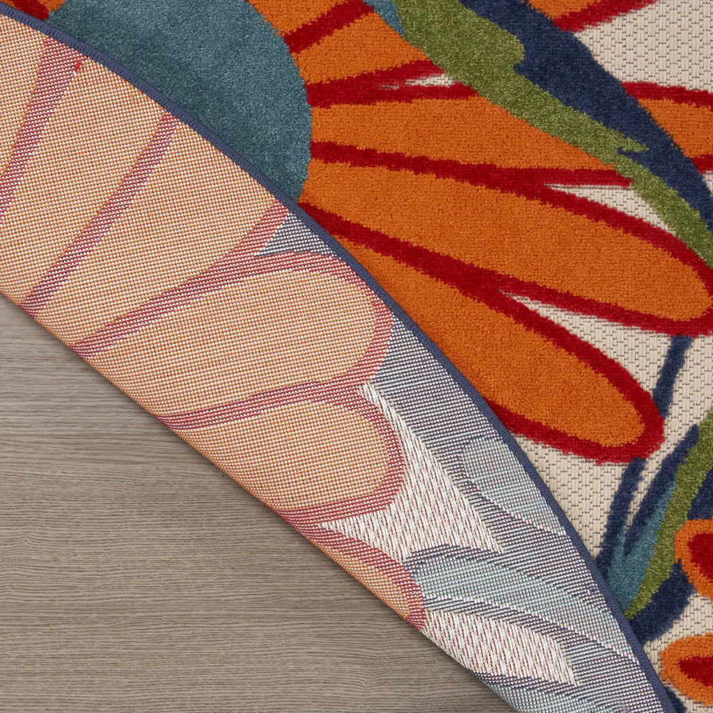4' Ivory Blue And Orange Round Floral Indoor Outdoor Area Rug Homeroots Outdoor