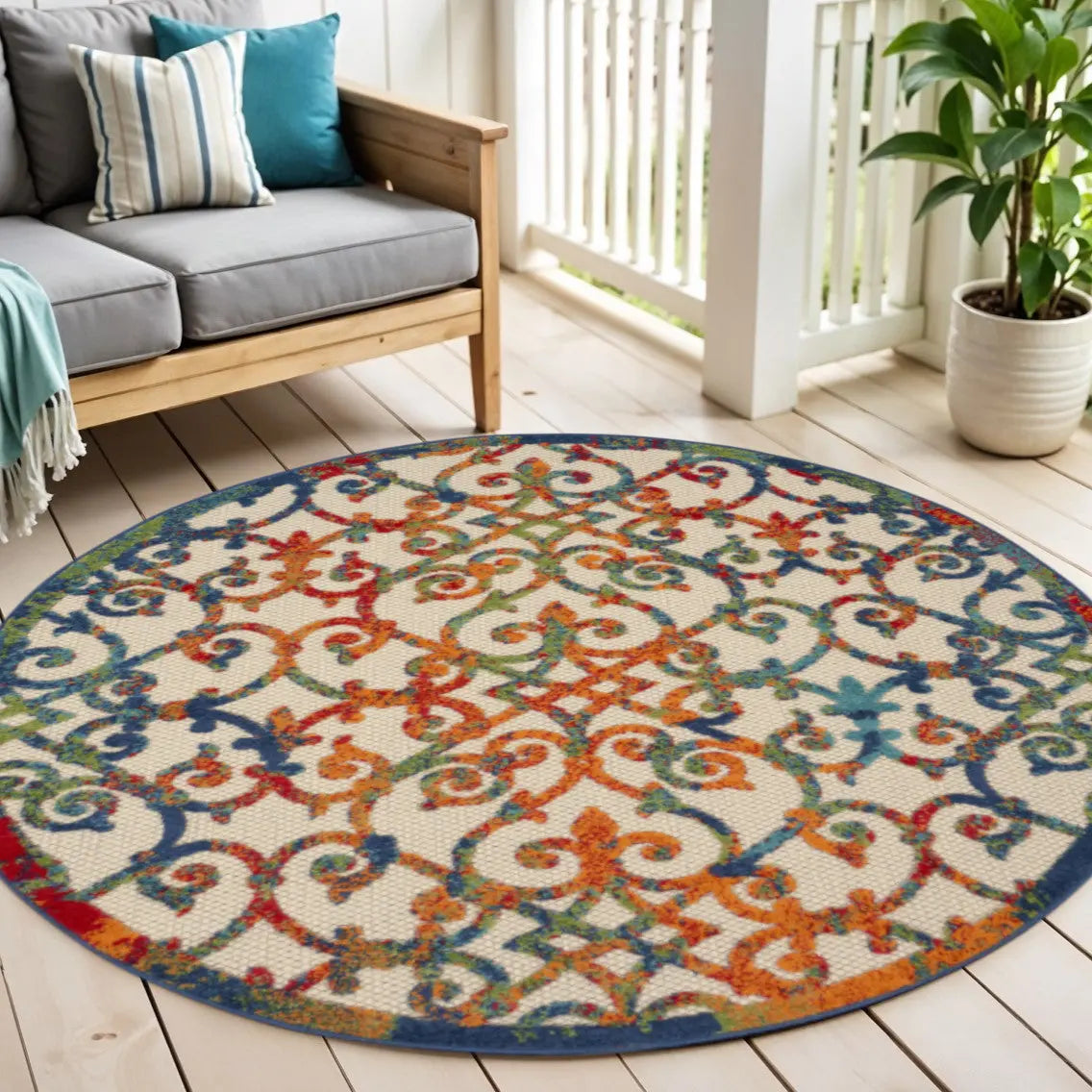 4' Ivory Blue Orange And Green Round Trellis Indoor Outdoor Area Rug Homeroots Outdoor