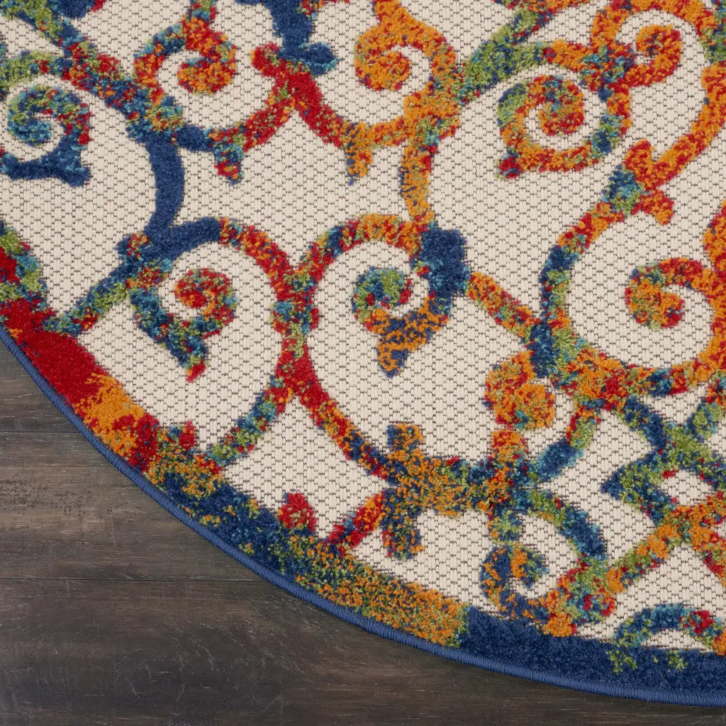 4' Ivory Blue Orange And Green Round Trellis Indoor Outdoor Area Rug Homeroots Outdoor