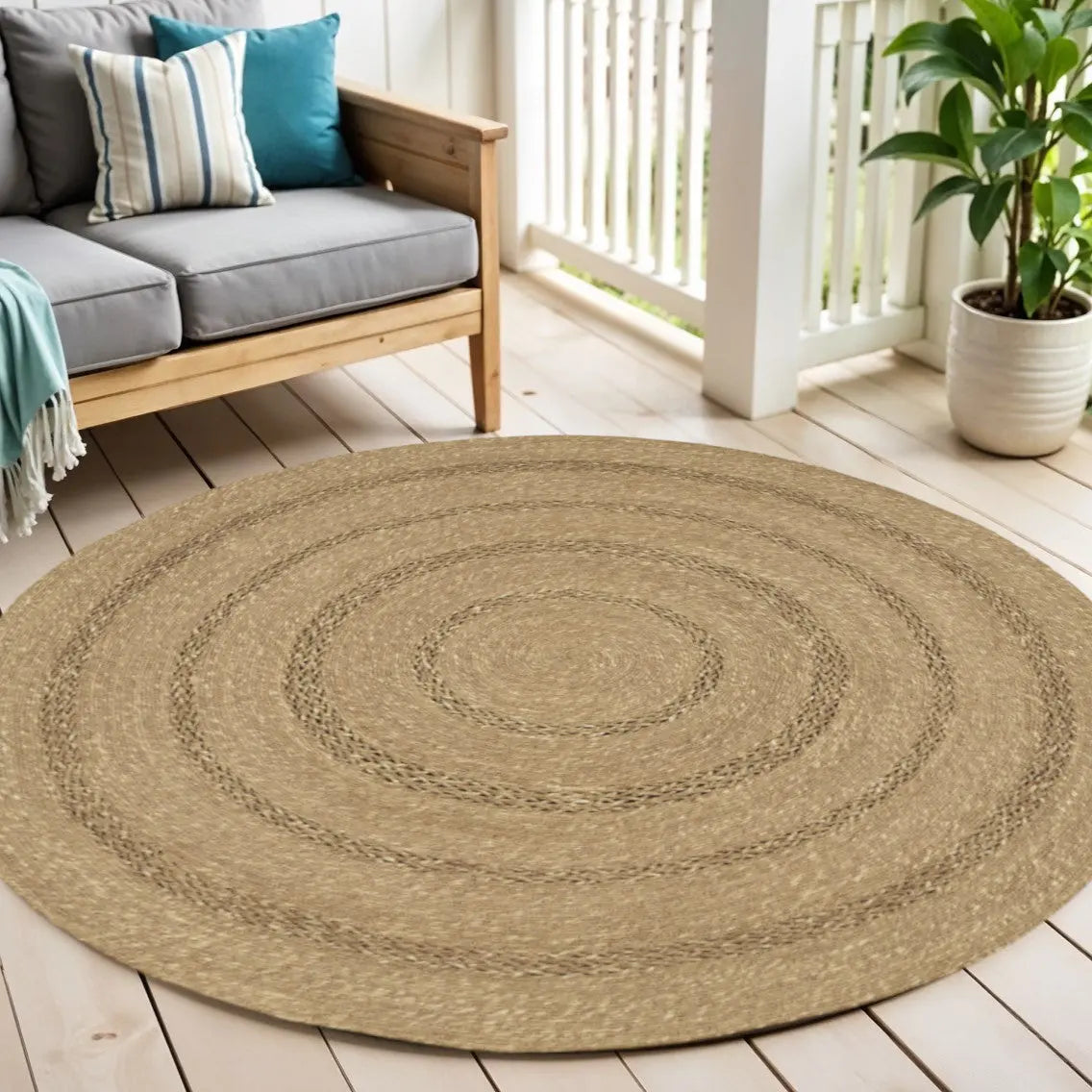 4' Natural And Brown Round Handmade Indoor Outdoor Area Rug Homeroots Outdoor
