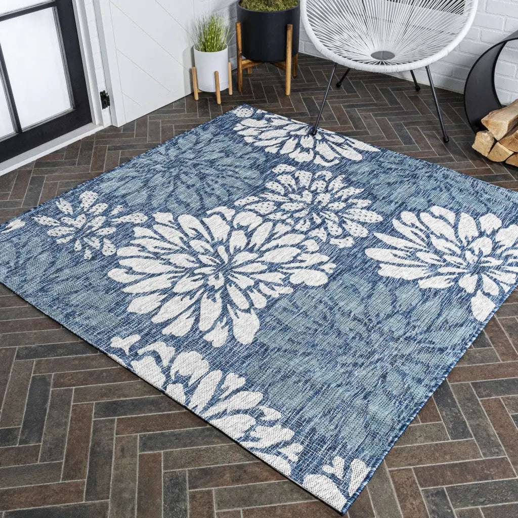 4' Navy Blue And Aqua Square Floral Indoor Outdoor Area Rug Homeroots Outdoor