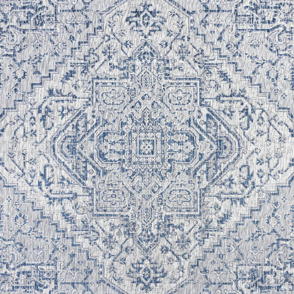 4' Navy Blue And Gray Square Medallion Indoor Outdoor Area Rug - GreatEagleInc