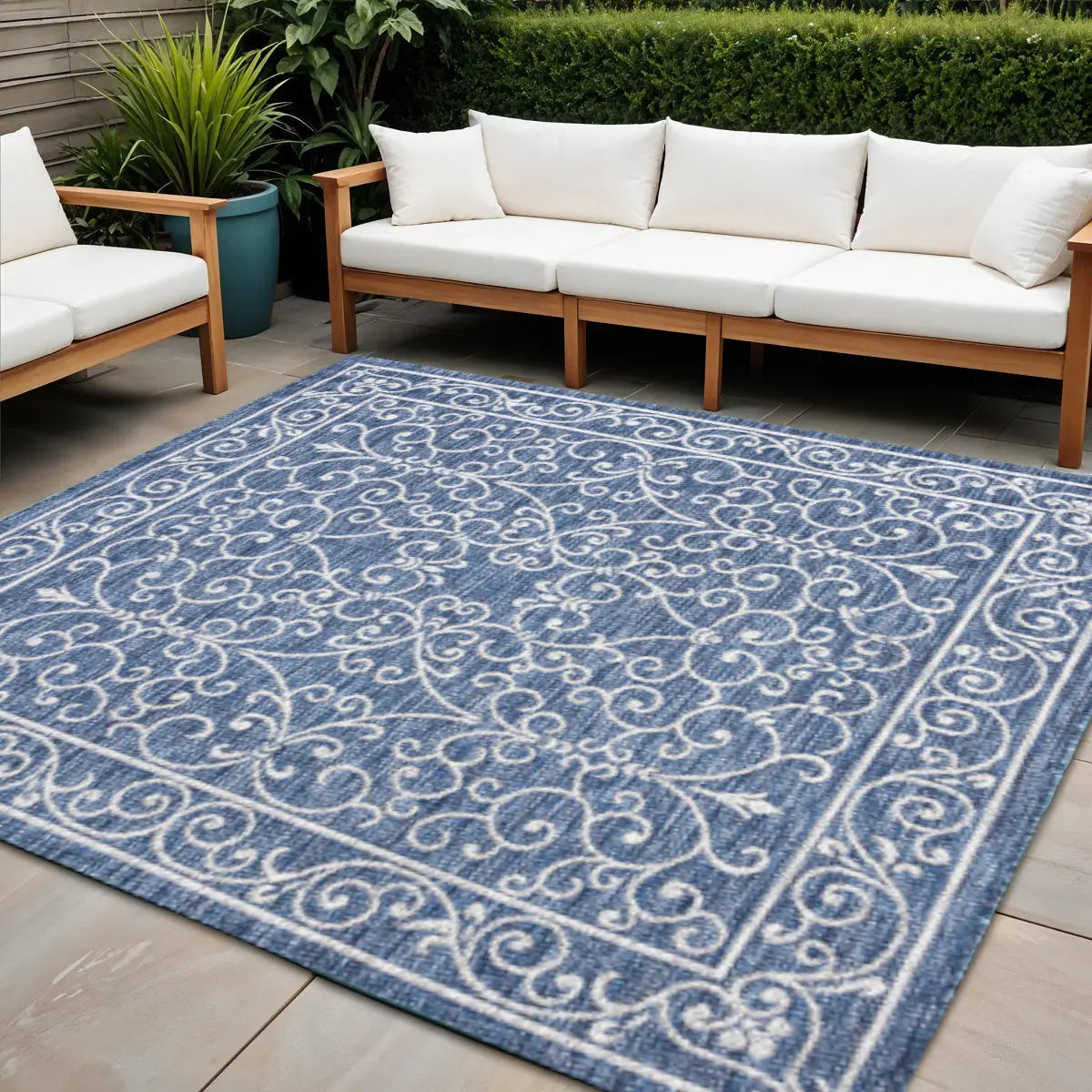 4' Navy Blue And Gray Square Medallion Indoor Outdoor Area Rug Homeroots Outdoor