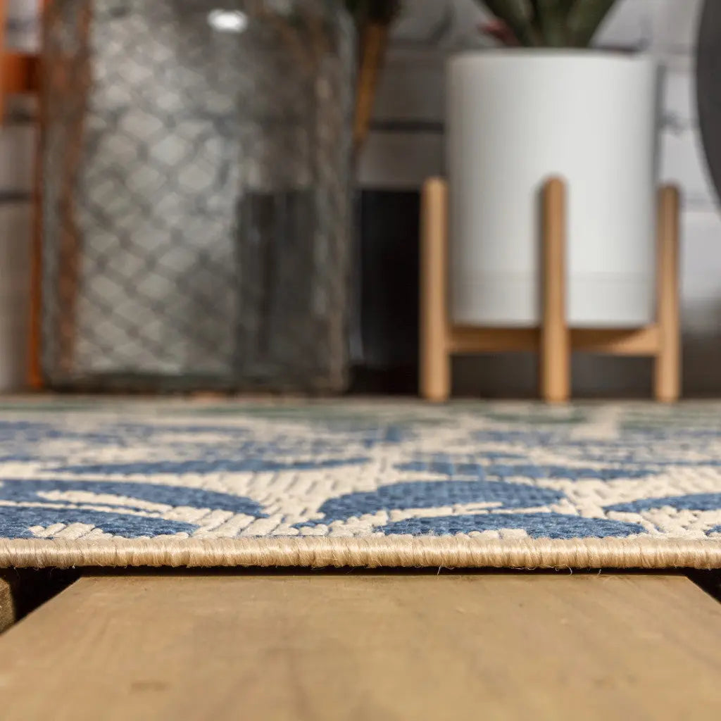 4' Navy Blue And Green Square Floral Indoor Outdoor Area Rug - GreatEagleInc