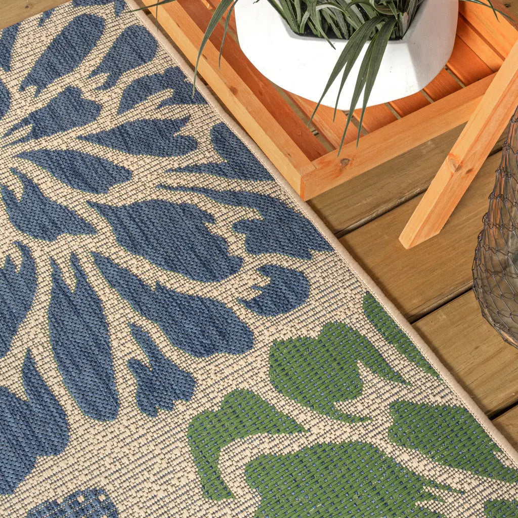 4' Navy Blue And Green Square Floral Indoor Outdoor Area Rug - GreatEagleInc