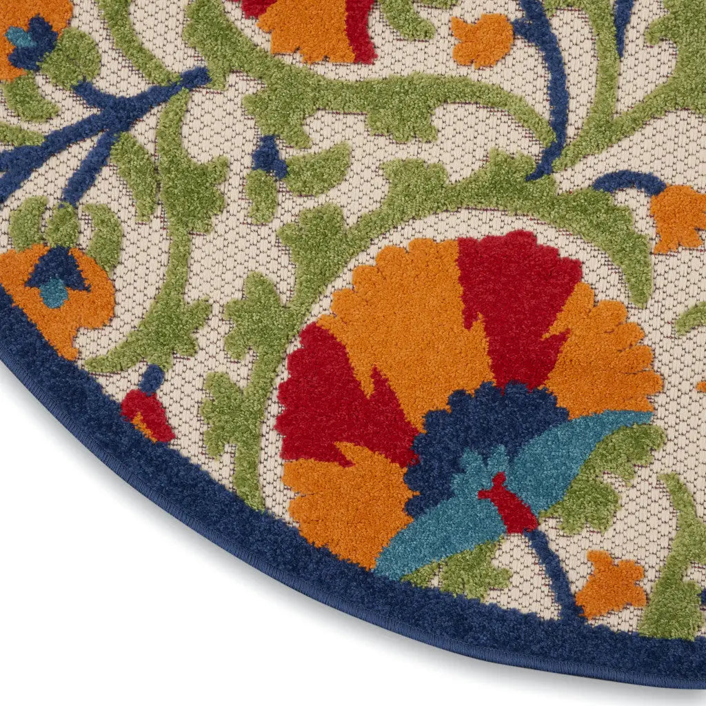 4' Navy Blue Beige Green Blue And Red Round Floral Indoor Outdoor Area Rug Homeroots Outdoor