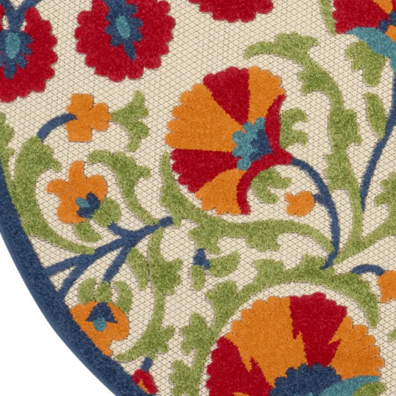 4' Navy Blue Beige Green Blue And Red Round Floral Indoor Outdoor Area Rug Homeroots Outdoor