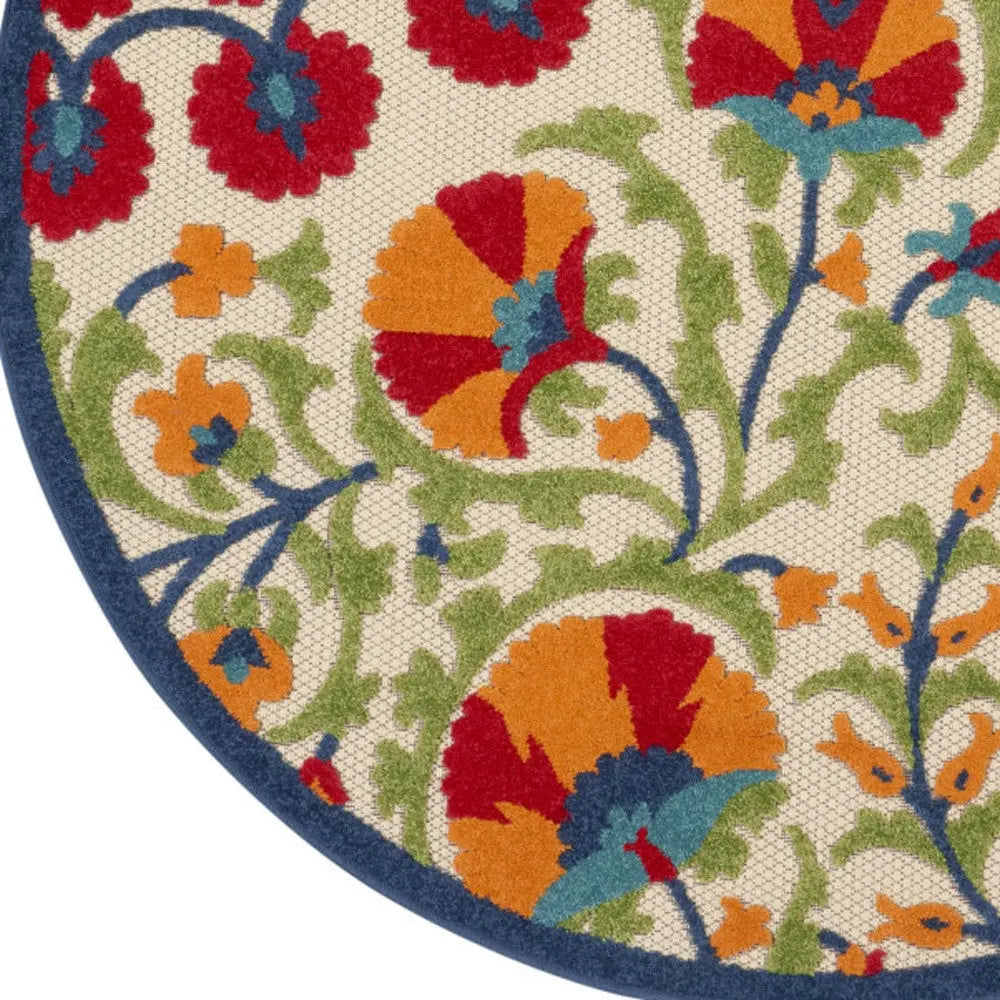 4' Navy Blue Beige Green Blue And Red Round Floral Indoor Outdoor Area Rug Homeroots Outdoor