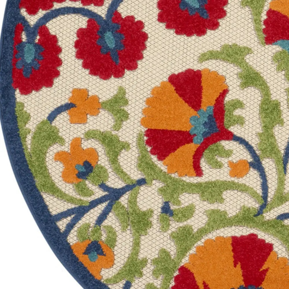 4' Navy Blue Beige Green Blue And Red Round Floral Indoor Outdoor Area Rug Homeroots Outdoor