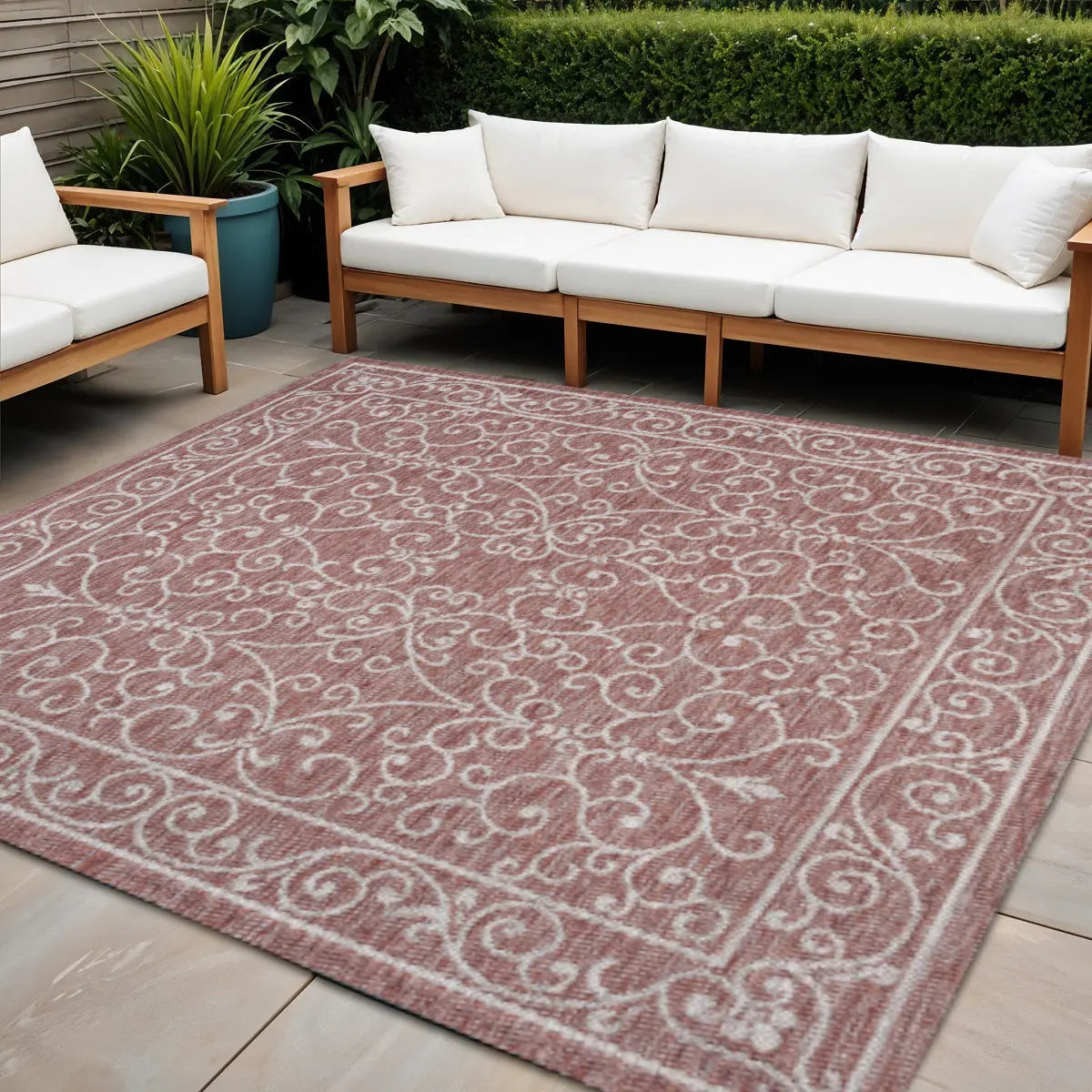 4' Red And Beige Square Medallion Indoor Outdoor Area Rug Homeroots Outdoor