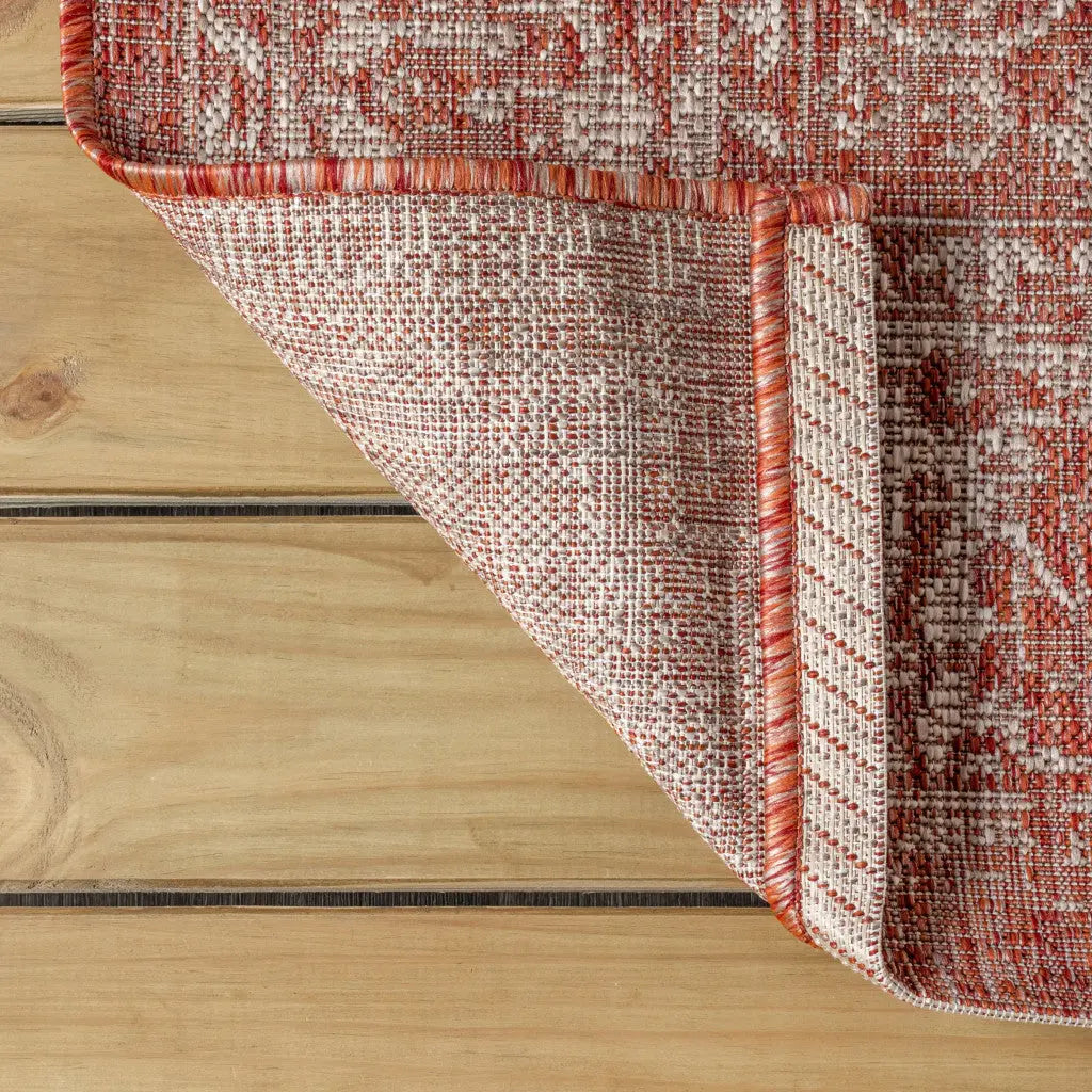 4' Red And Taupe Square Medallion Indoor Outdoor Area Rug Homeroots Outdoor
