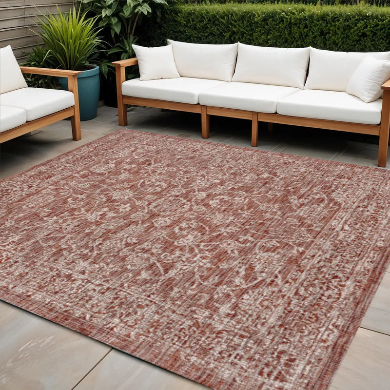 4' Red And Taupe Square Medallion Indoor Outdoor Area Rug Homeroots Outdoor