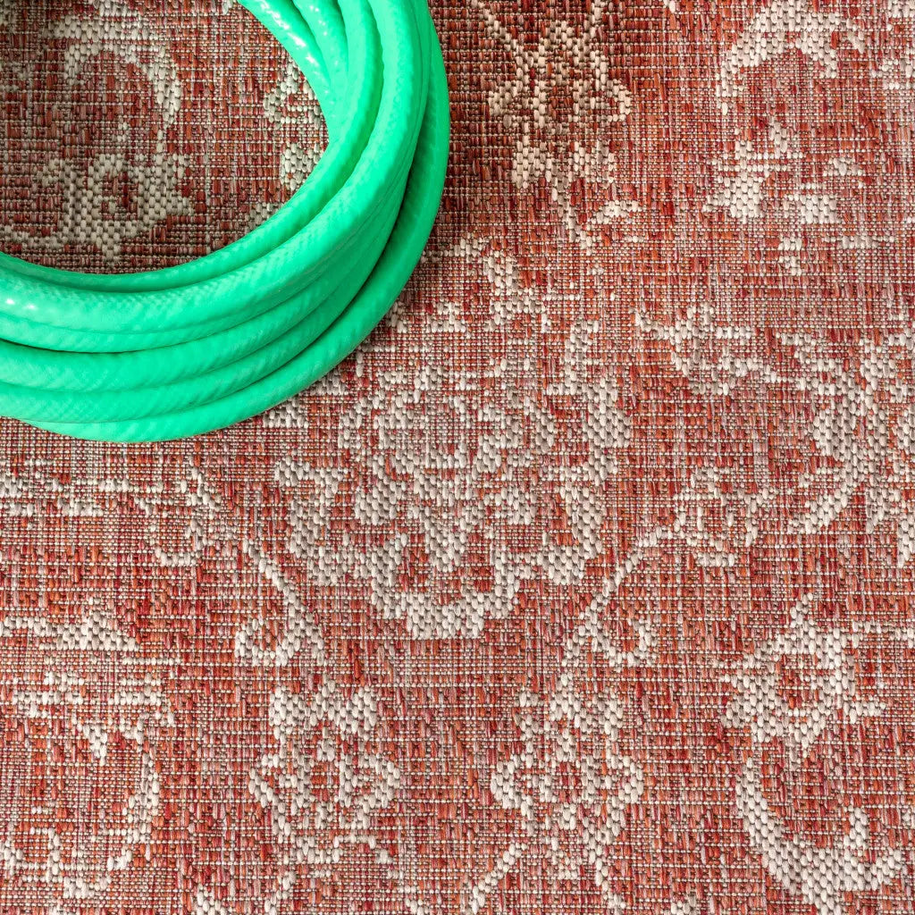 4' Red And Taupe Square Medallion Indoor Outdoor Area Rug Homeroots Outdoor