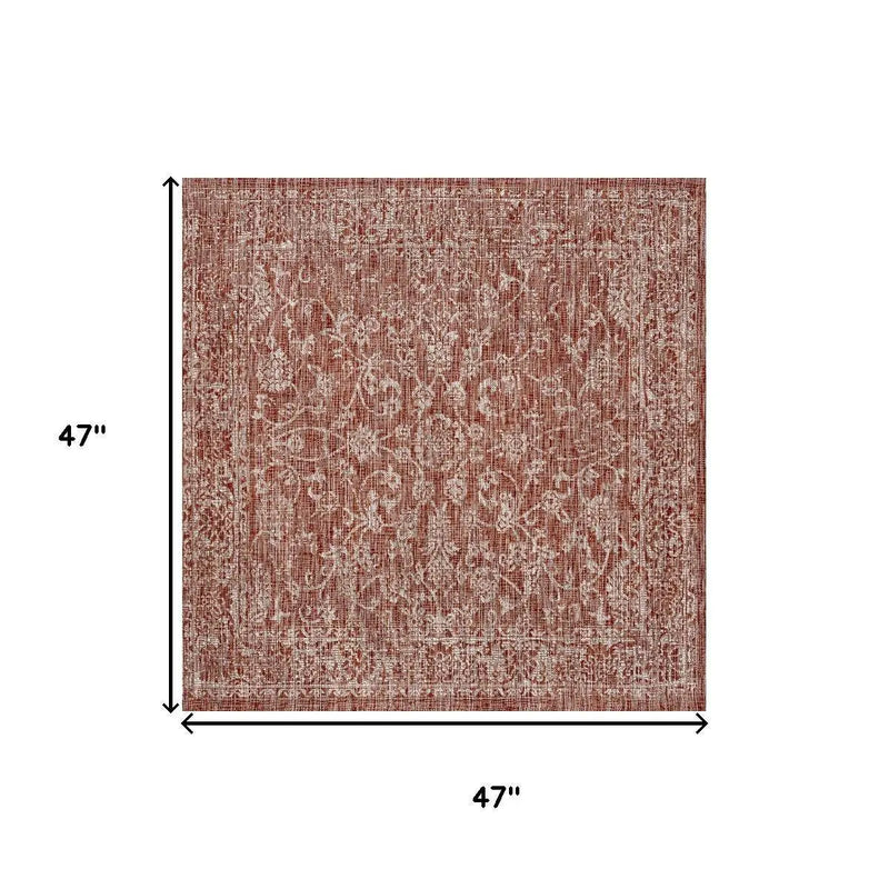 4' Red And Taupe Square Medallion Indoor Outdoor Area Rug Homeroots Outdoor