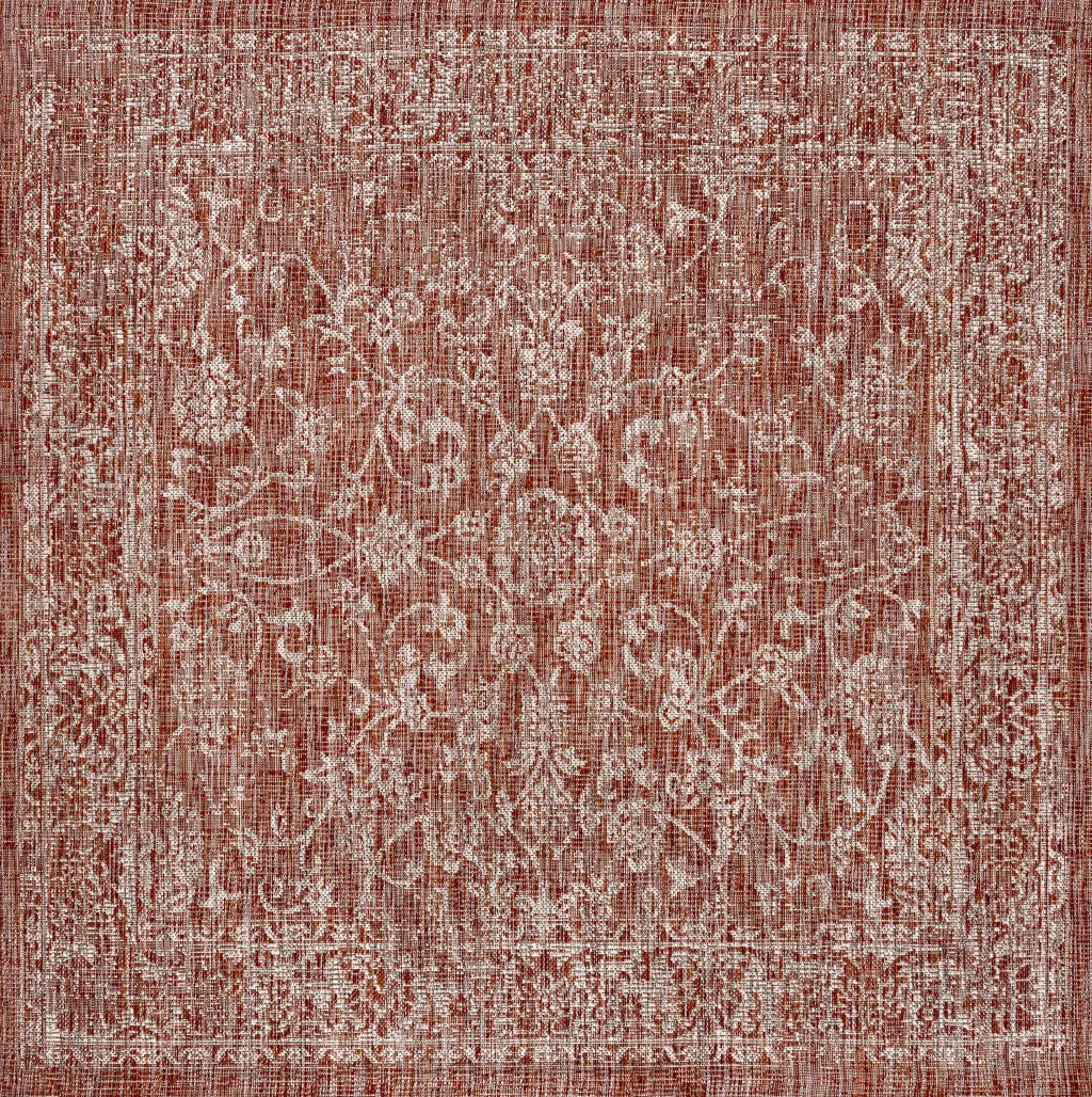 4' Red And Taupe Square Medallion Indoor Outdoor Area Rug Homeroots Outdoor
