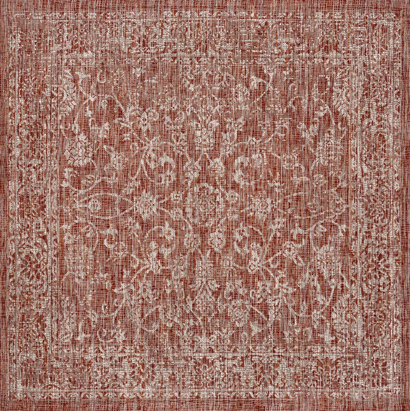 4' Red And Taupe Square Medallion Indoor Outdoor Area Rug Homeroots Outdoor