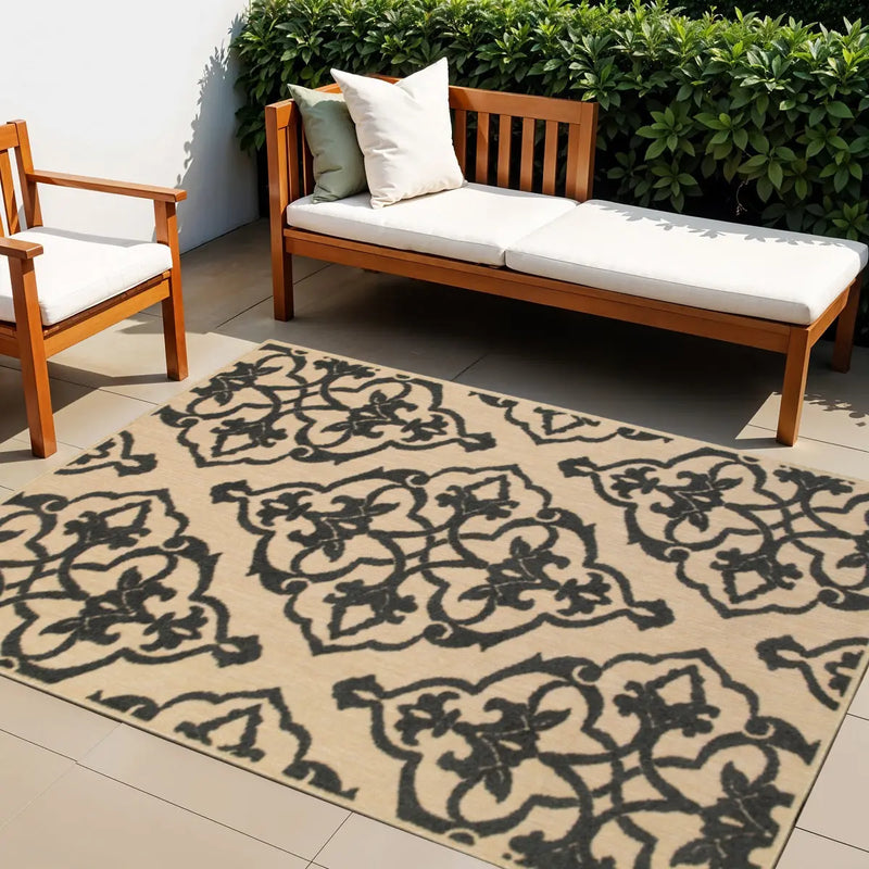 4' X 5' Beige and Black Oriental Stain Resistant Indoor Outdoor Area Rug Homeroots Outdoor