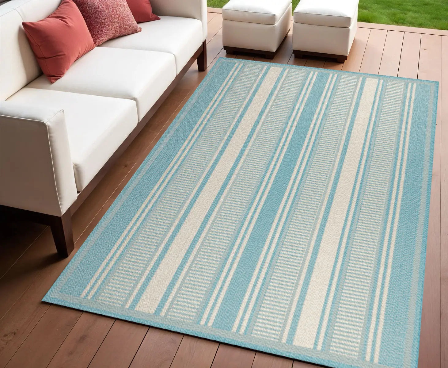 4' X 6' Aqua And Beige Striped Indoor Outdoor Area Rug Homeroots Outdoor