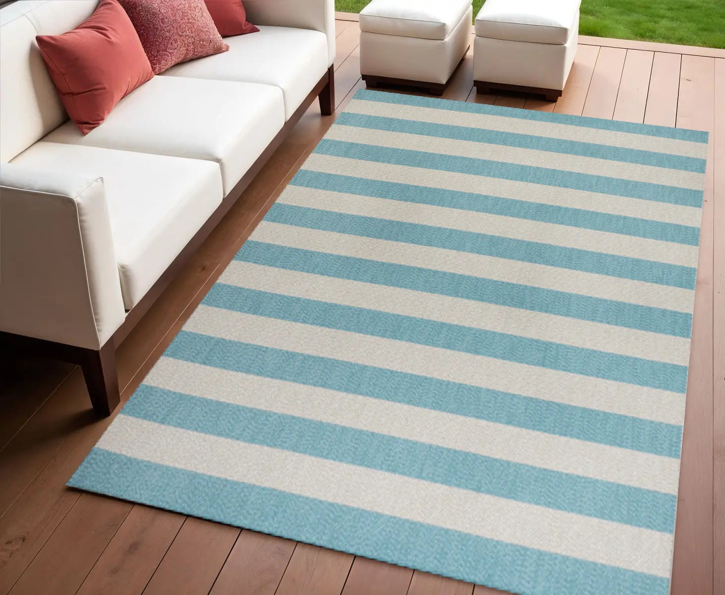 4' X 6' Aqua And Cream Striped Indoor Outdoor Area Rug Homeroots Outdoor