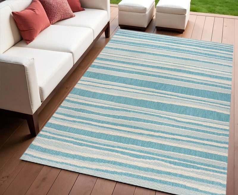 4' X 6' Aqua And Cream Striped Indoor Outdoor Area Rug Homeroots Outdoor