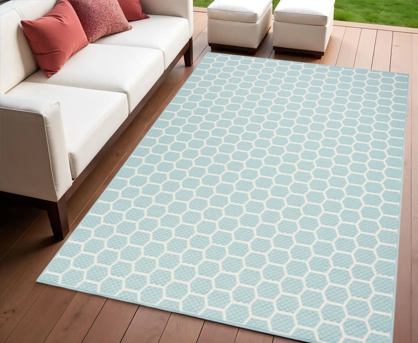 4' X 6' Aqua And Ivory Geometric Indoor Outdoor Area Rug Homeroots Outdoor