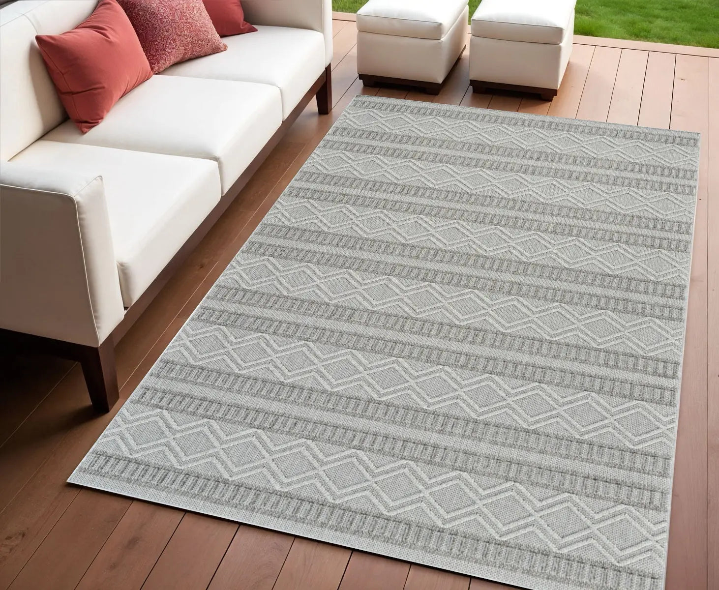 4' X 6' Beige And Gray Striped Distressed Indoor Outdoor Area Rug - GreatEagleInc