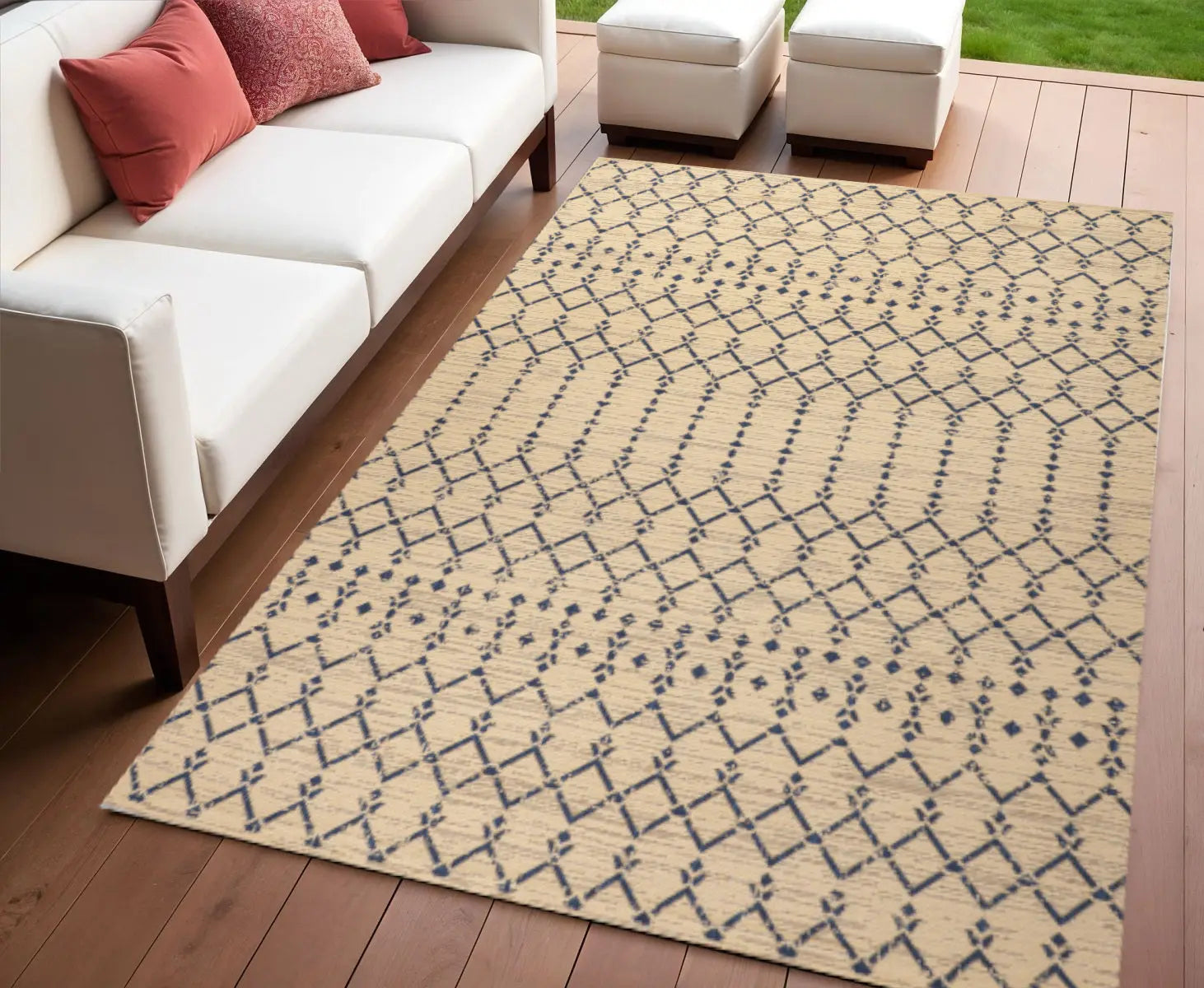 4' X 6' Beige And Navy Blue Trellis Indoor Outdoor Area Rug Homeroots Outdoor