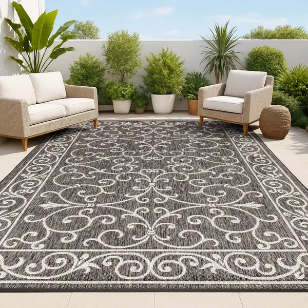 4' X 6' Black And Gray Medallion Indoor Outdoor Area Rug Homeroots Outdoor
